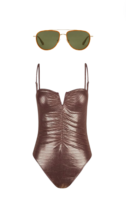 Lindsay Hubbard's Brown Metallic Ruched One Piece Swimsuit