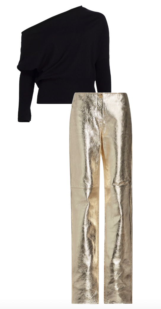 Lisa Barlow's Gold Pants and Asymmetric Black Top