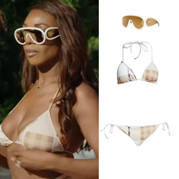 Nneka Ihim's White and Gold Shield Sunglasses and Plaid Bikini