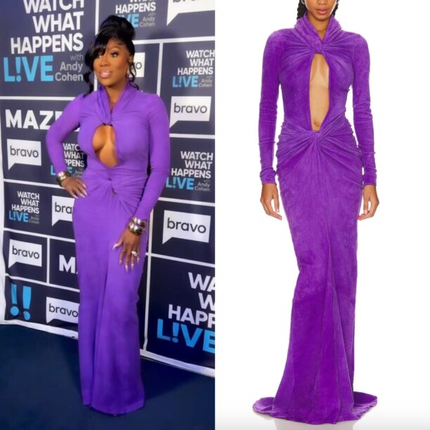 Wendy Osefo's Purple Twisted Cutout Dress on WWHL