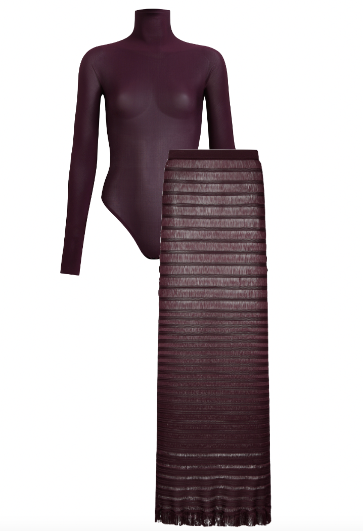 Jessel Taank's Burgundy Sheer Striped Maxi Skirt