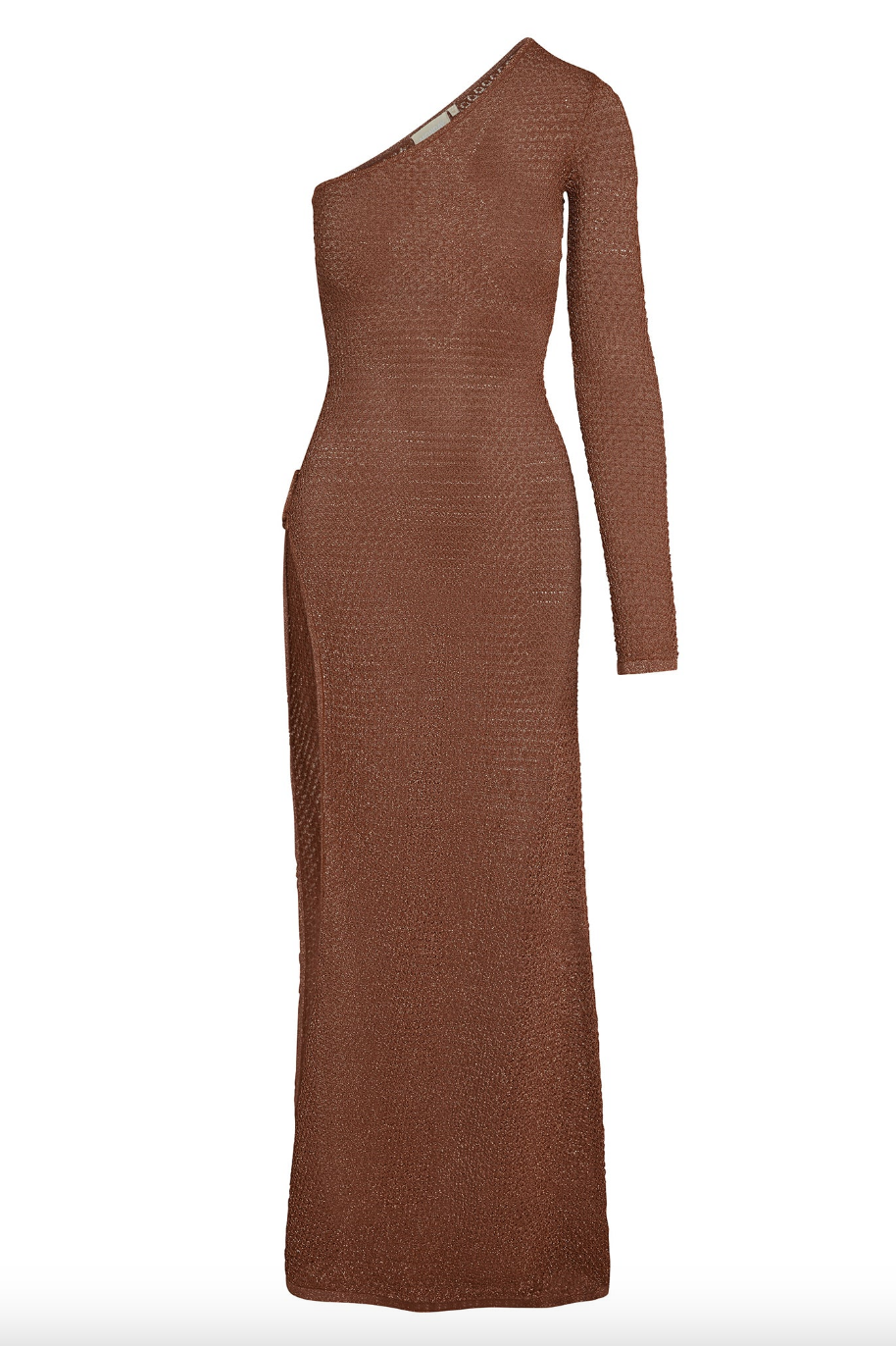 Kiki Barth's Brown Crochet One Shoulder Dress