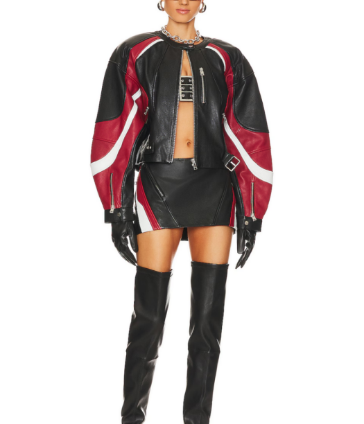 Paige DeSorbo's Black Leather Jacket and Skirt Set