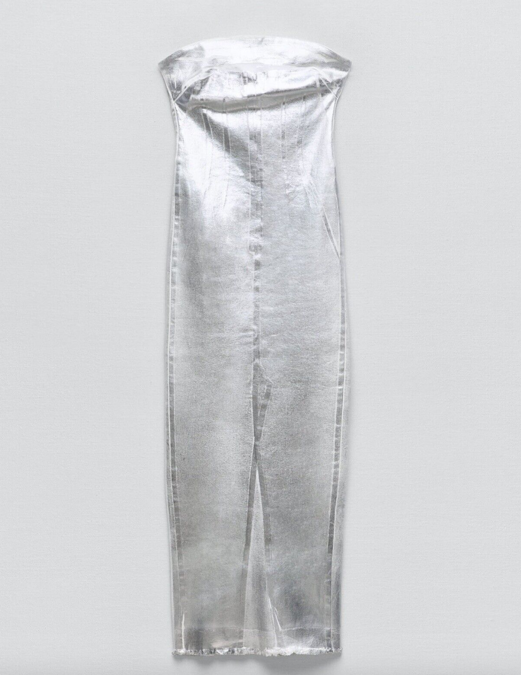 Paige DeSorbo's Silver Metallic Strapless Maxi Dress