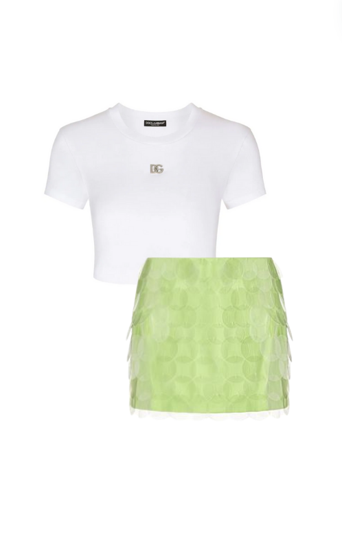 Paige DeSorbo's White Crop Top and Green Sequin Mini Skirt